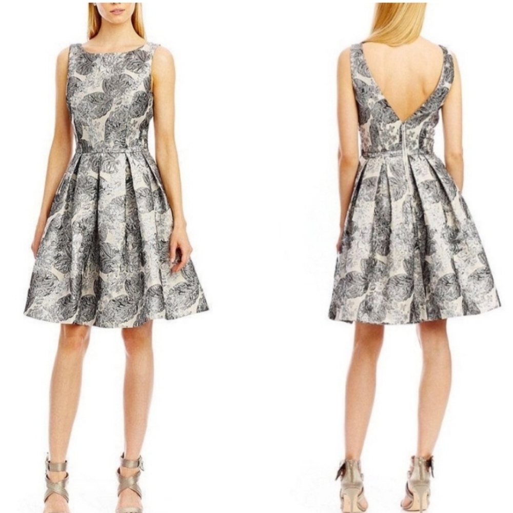 Nicole Miller New York V Back Jacquard Fit And Flare Metalic  Silver Dress